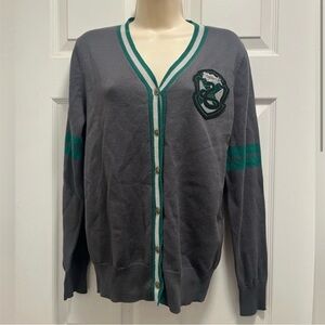 Harry Potter Slytherin Gray Cardigan Green/White Trim Button Up - Small - EUC